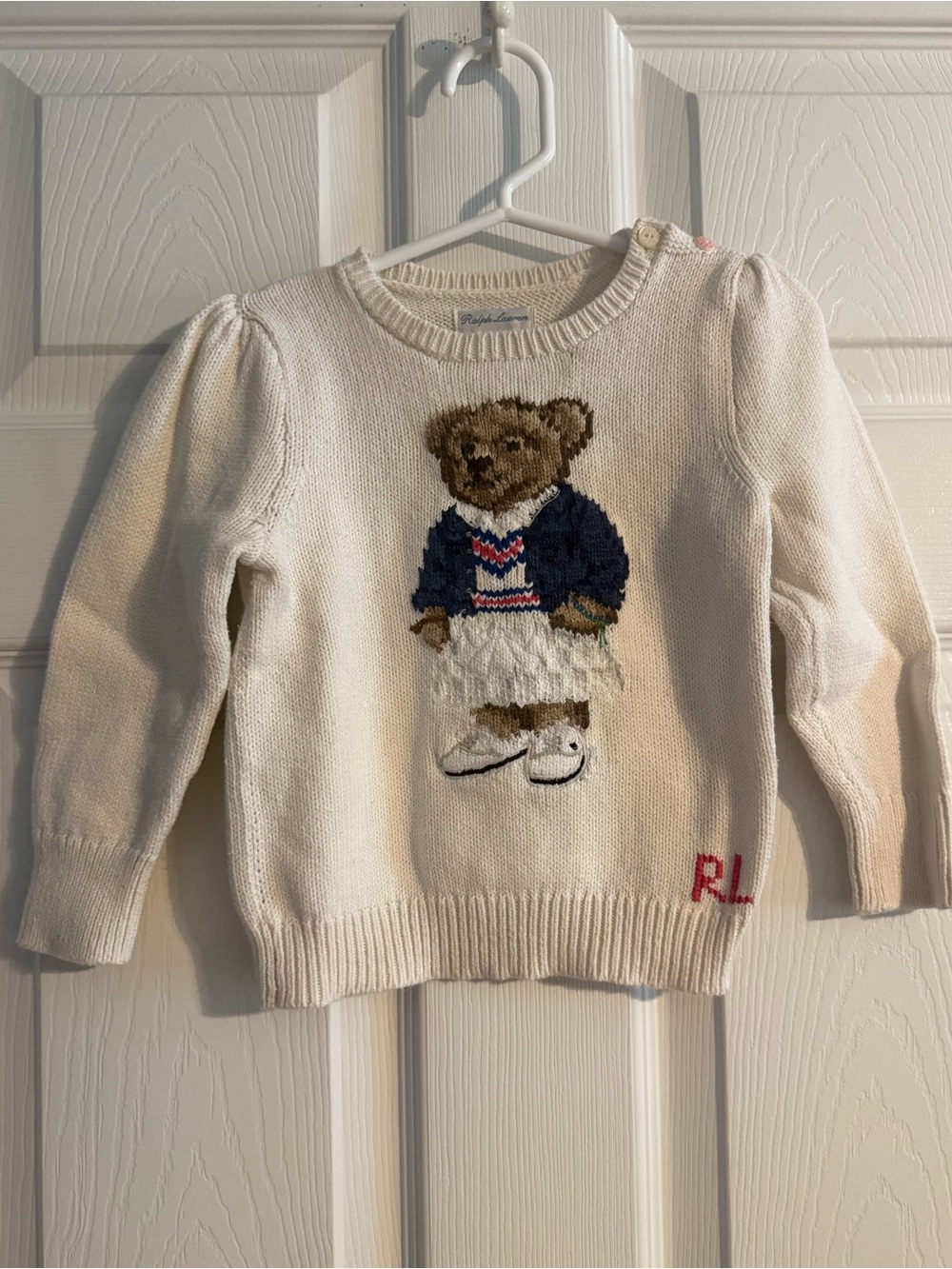 Ralph Lauren Baby Girls 24M Polo Bear Cream Knit Sweater Puff Sleeve